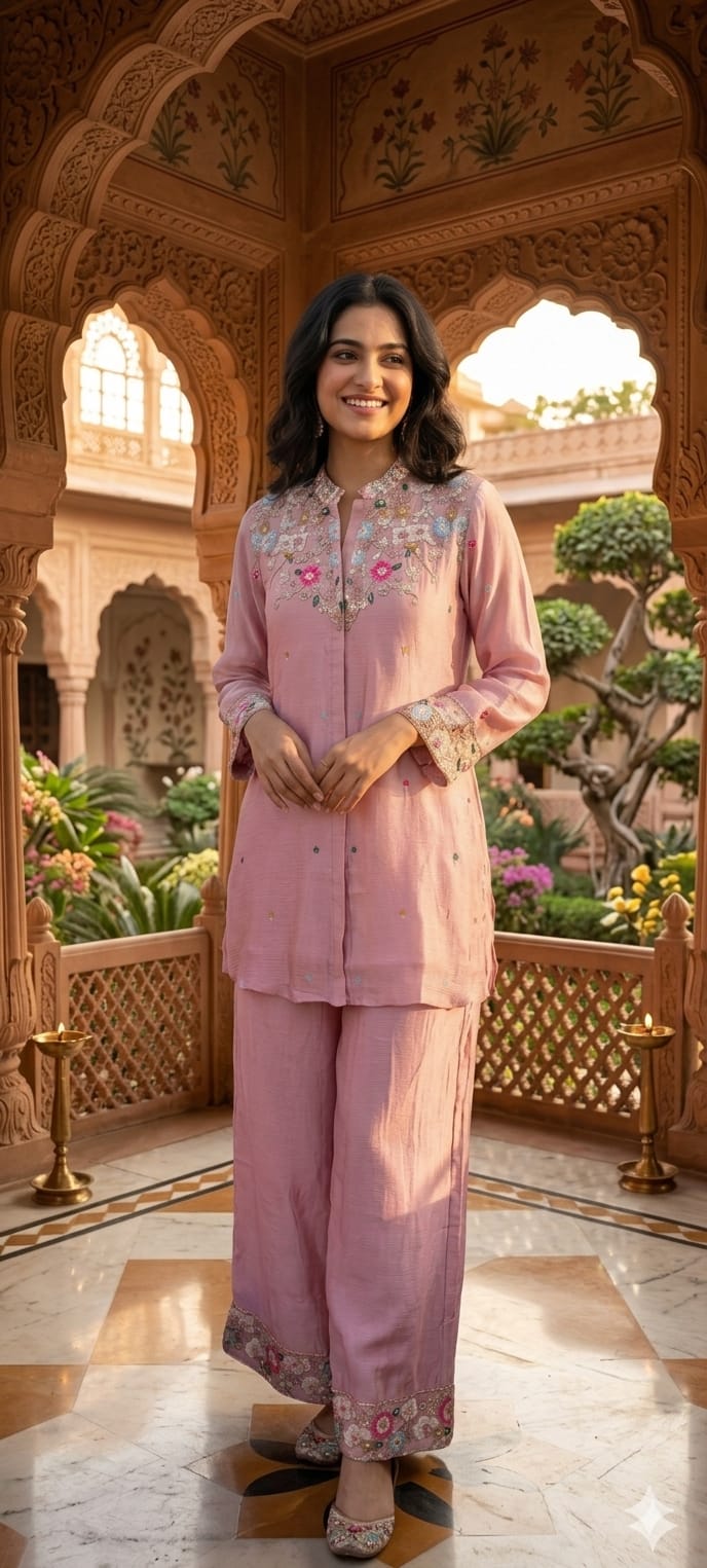 Multicolor Vibrant Floral Intricate Embroidery Light Shade Chinon Co-Ord Set- 15244
