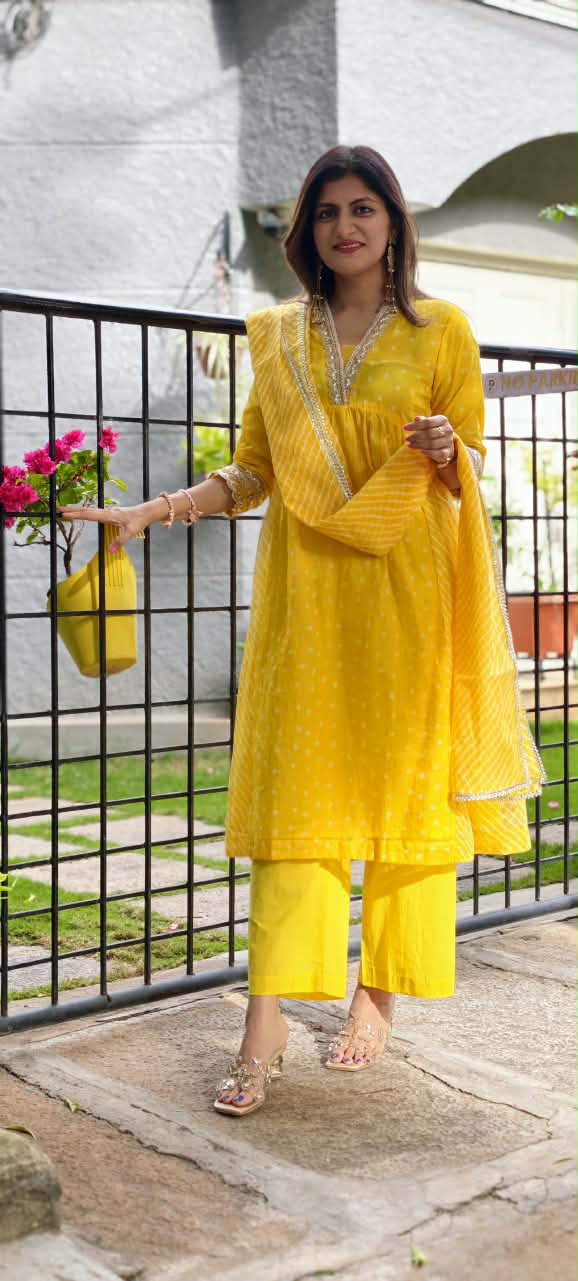 Summer Grace Fresh Yellow Vibe Kota Doria A-Line Full Suit Set With Dupatta- 16134