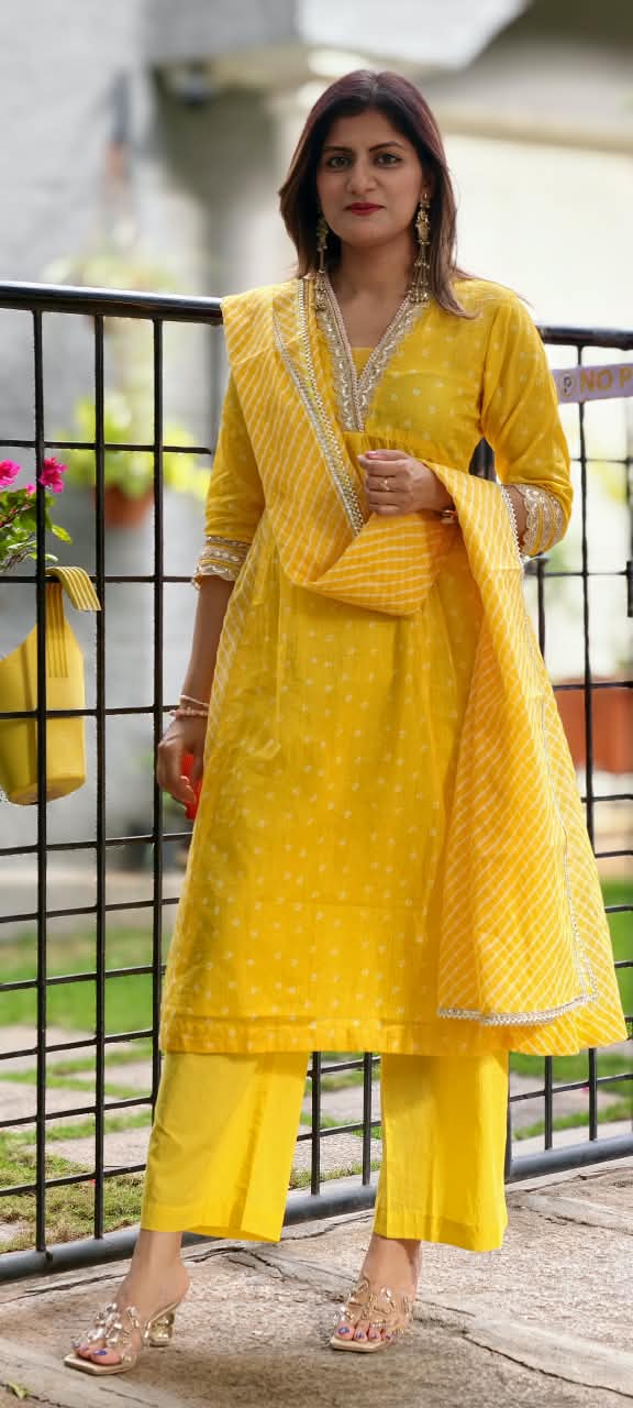Summer Grace Fresh Yellow Vibe Kota Doria A-Line Full Suit Set With Dupatta- 16134