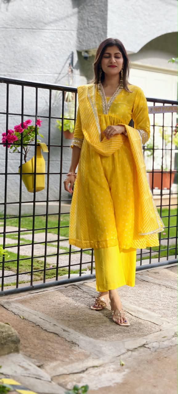 Summer Grace Fresh Yellow Vibe Kota Doria A-Line Full Suit Set With Dupatta- 16134