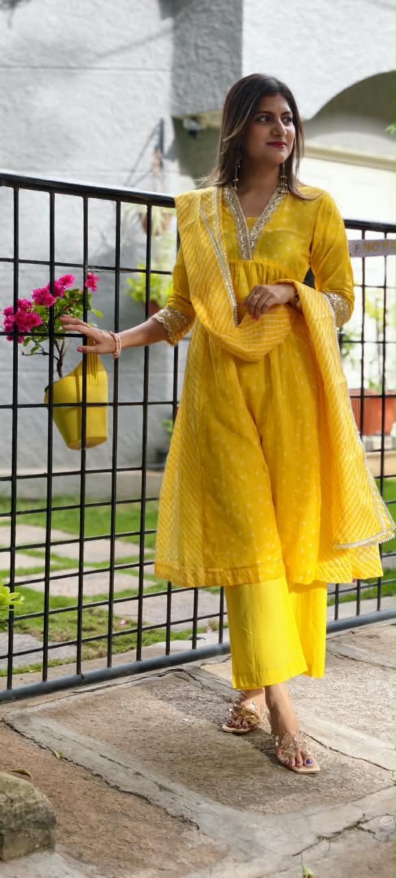 Summer Grace Fresh Yellow Vibe Kota Doria A-Line Full Suit Set With Dupatta- 16134