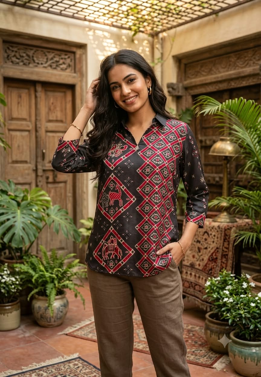 Asymmetrical Abstact Prints Bold Shade Crepe Shirt- 15434, 15634