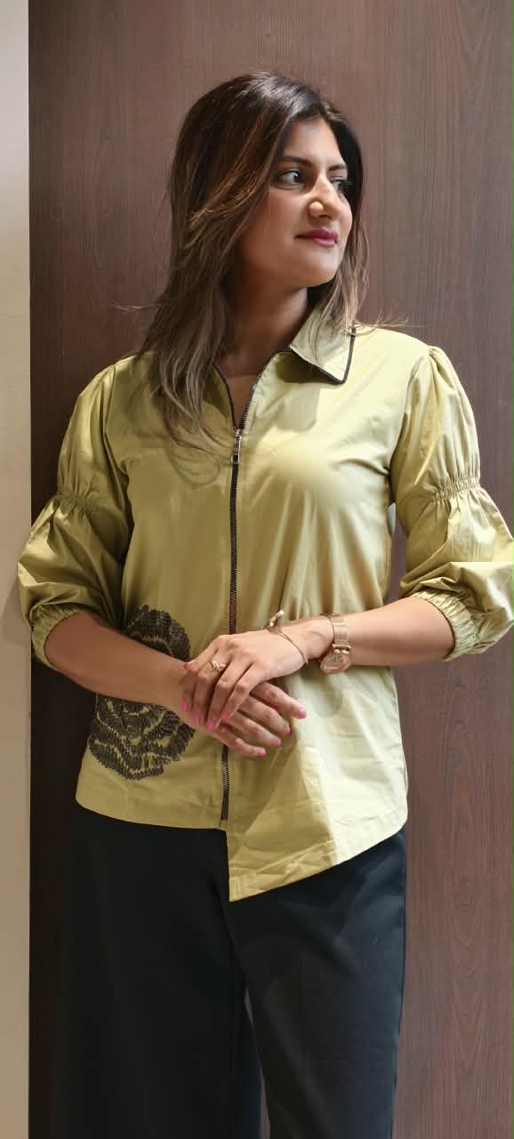 Stylish Full-Zip Collared Tunic Top with Contrast Black Piping Trim & Spiral Embroidered Hem- 16116