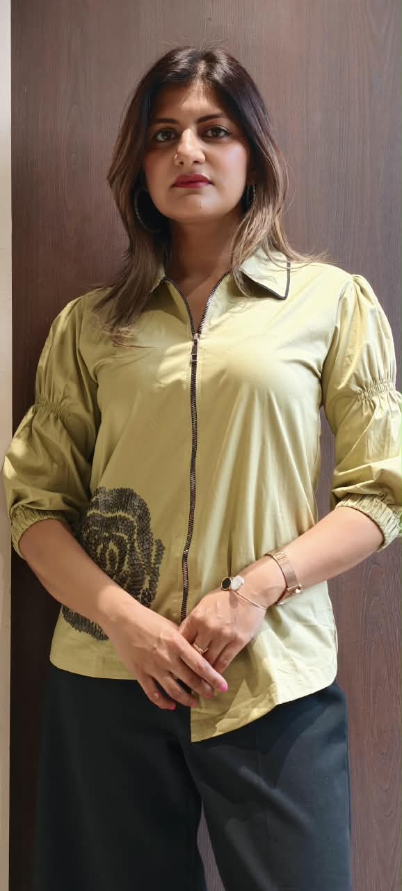 Stylish Full-Zip Collared Tunic Top with Contrast Black Piping Trim & Spiral Embroidered Hem- 16116