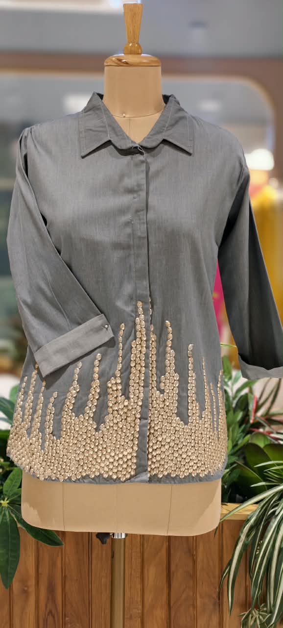 Green Grey Collared High-Low Tunic Top with Metallic Gold Bead & Stud Embellished Hem- 16114
