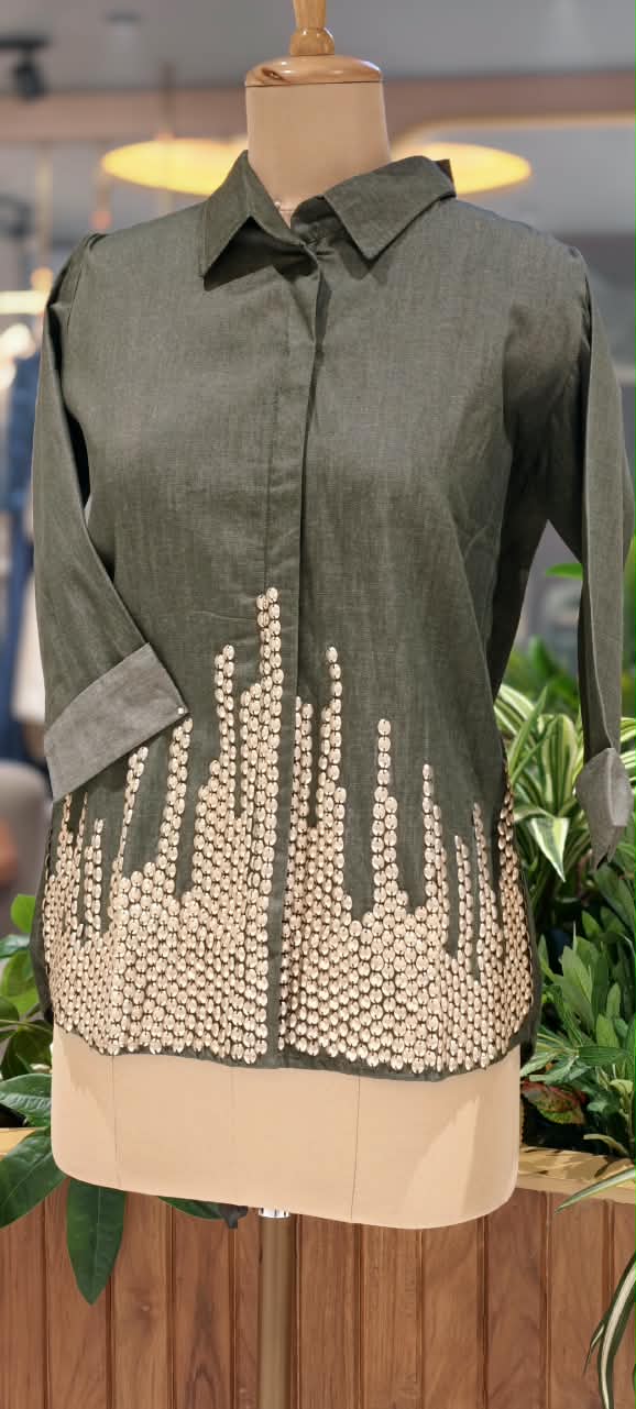Green Grey Collared High-Low Tunic Top with Metallic Gold Bead & Stud Embellished Hem- 16114