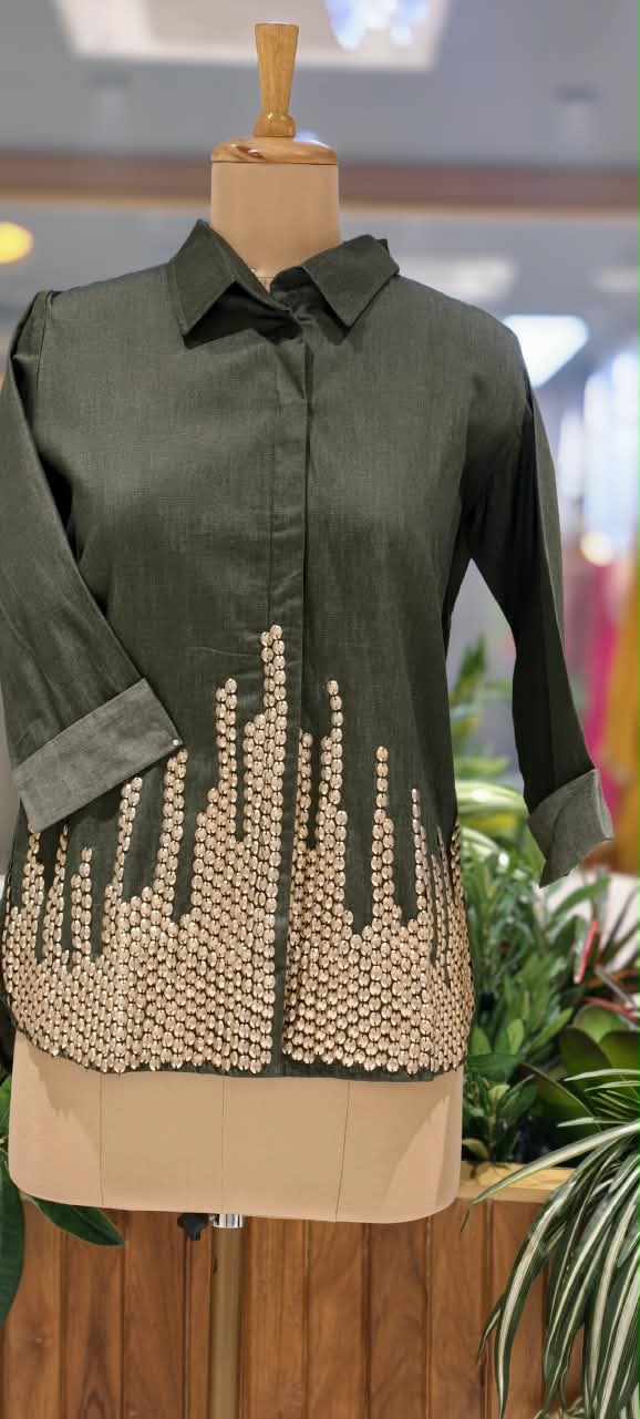Green Grey Collared High-Low Tunic Top with Metallic Gold Bead & Stud Embellished Hem- 16114