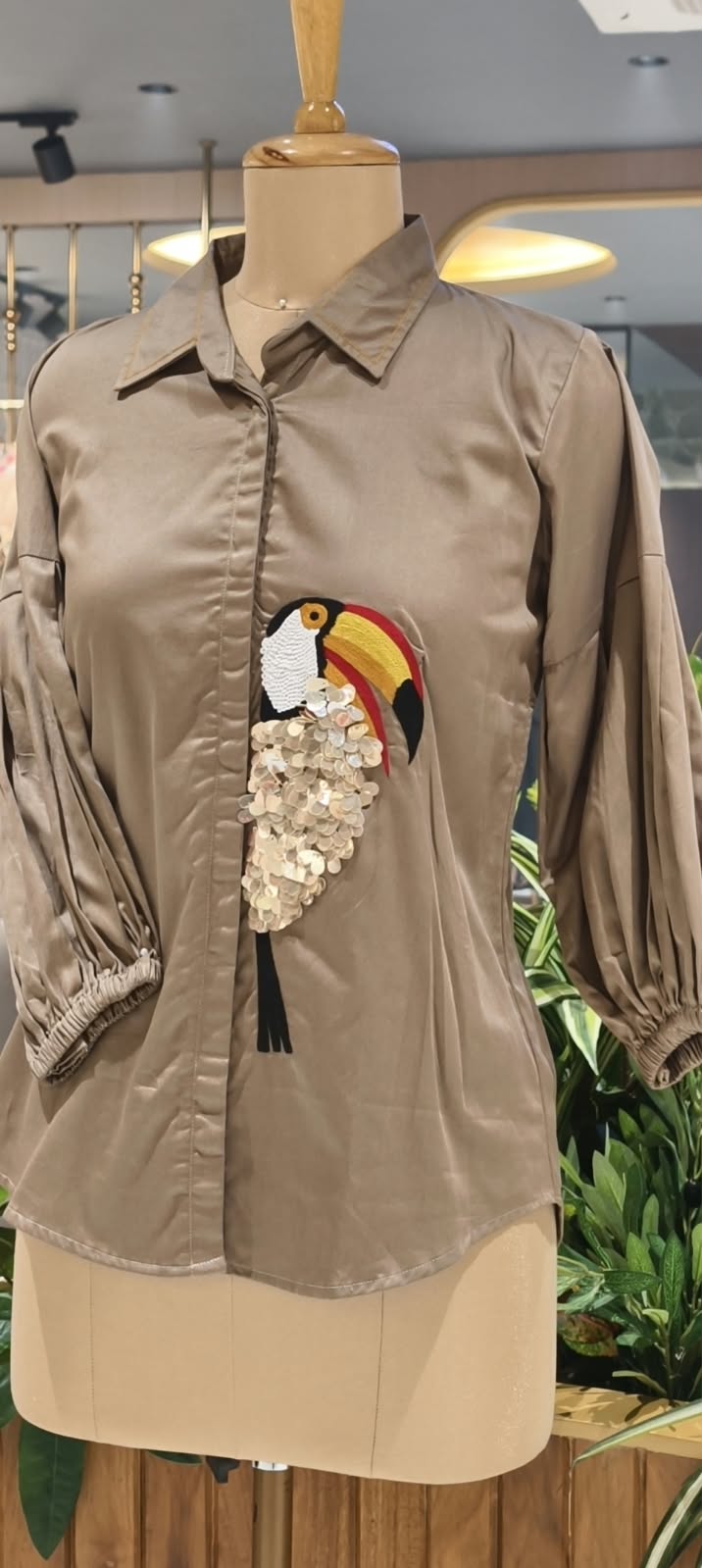 Collared Button-Down Shirt featuring Sequined Toucan Bird Motif Patch & Gathered Balloon Sleeves- 16115