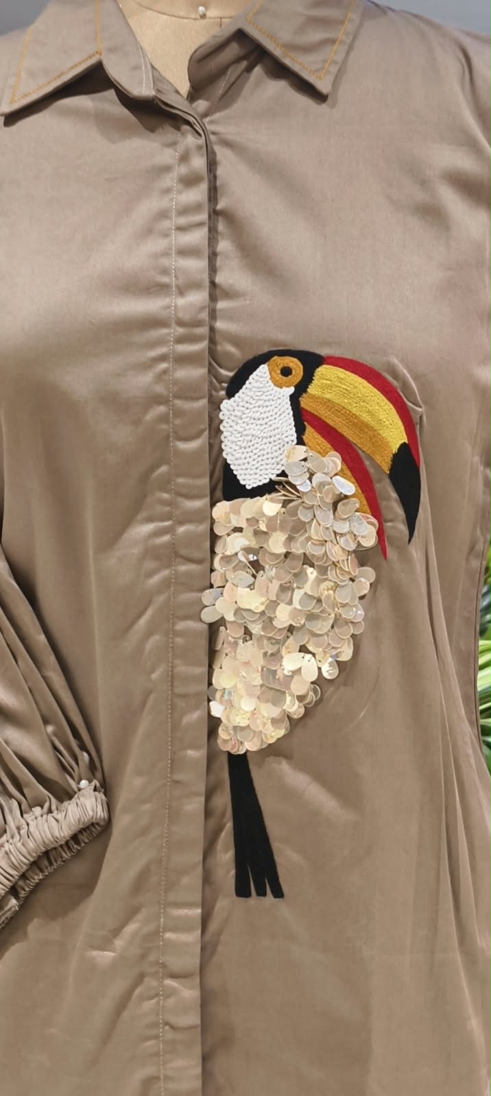 Collared Button-Down Shirt featuring Sequined Toucan Bird Motif Patch & Gathered Balloon Sleeves- 16115