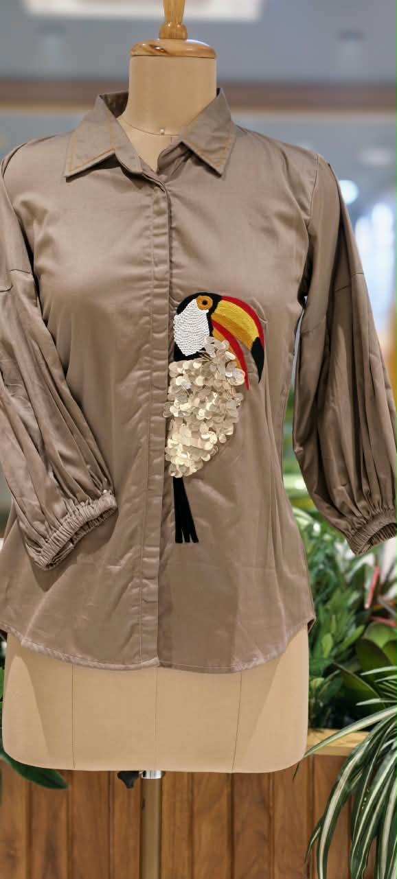 Collared Button-Down Shirt featuring Sequined Toucan Bird Motif Patch & Gathered Balloon Sleeves- 16115