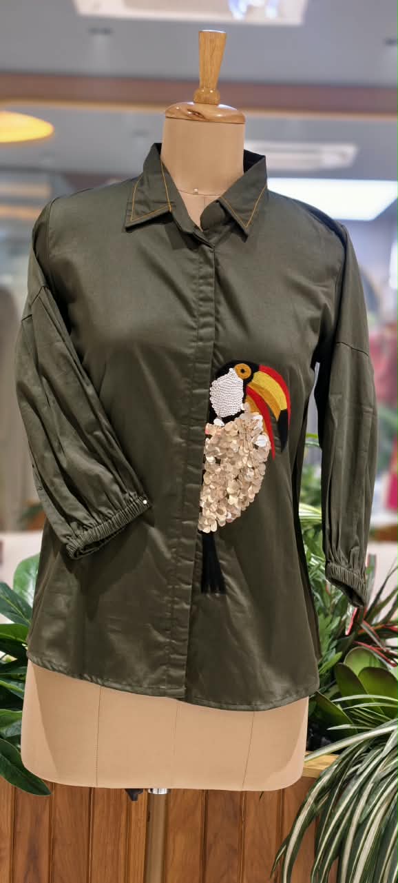 Collared Button-Down Shirt featuring Sequined Toucan Bird Motif Patch & Gathered Balloon Sleeves- 16115