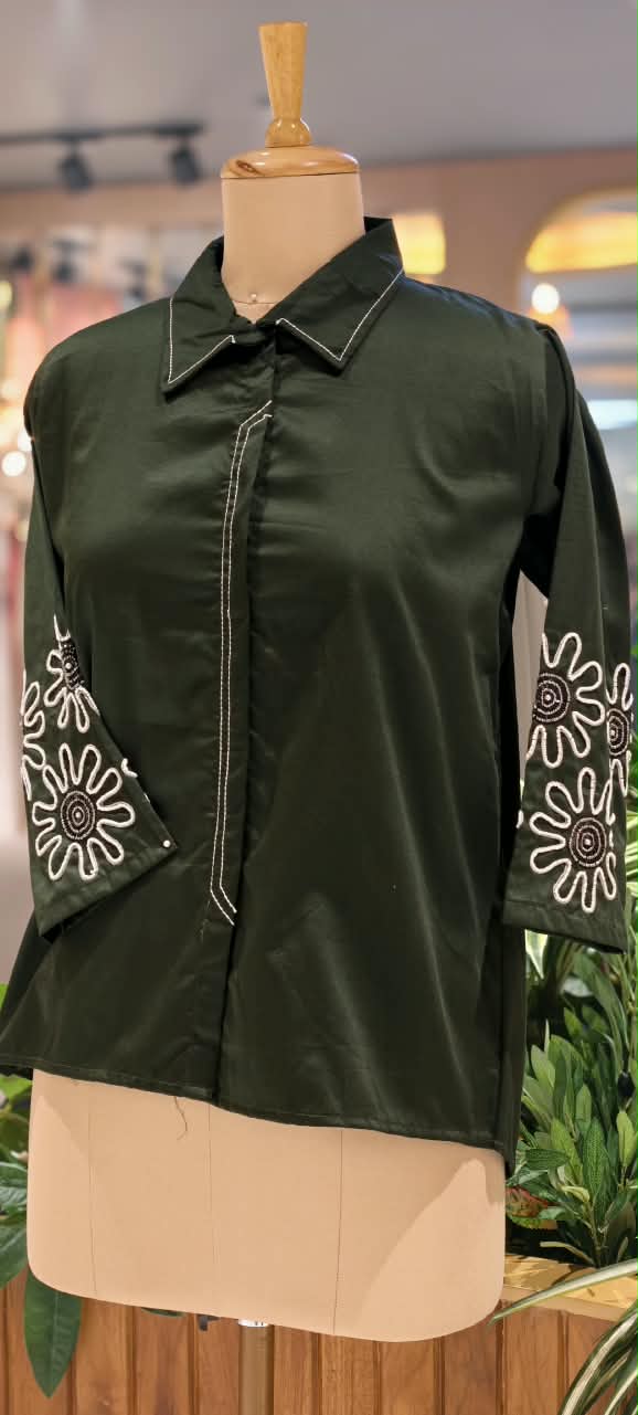 Dark Green Collared High-Low Tunic Shirt with White Contrast Stitching & Floral Sunburst Sleeve Embroidery- 16117