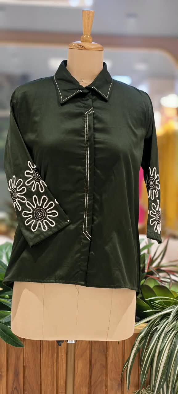 Dark Green Collared High-Low Tunic Shirt with White Contrast Stitching & Floral Sunburst Sleeve Embroidery- 16117