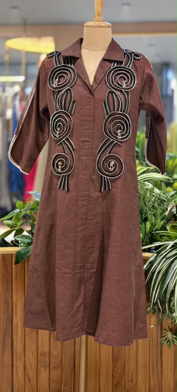 Dark Shade Longline Denim Shirt Dress with Statement Spiral Zipper Embellishments and Metallic Accents- 16112