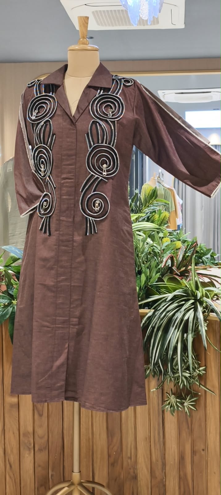 Dark Shade Longline Denim Shirt Dress with Statement Spiral Zipper Embellishments and Metallic Accents- 16112