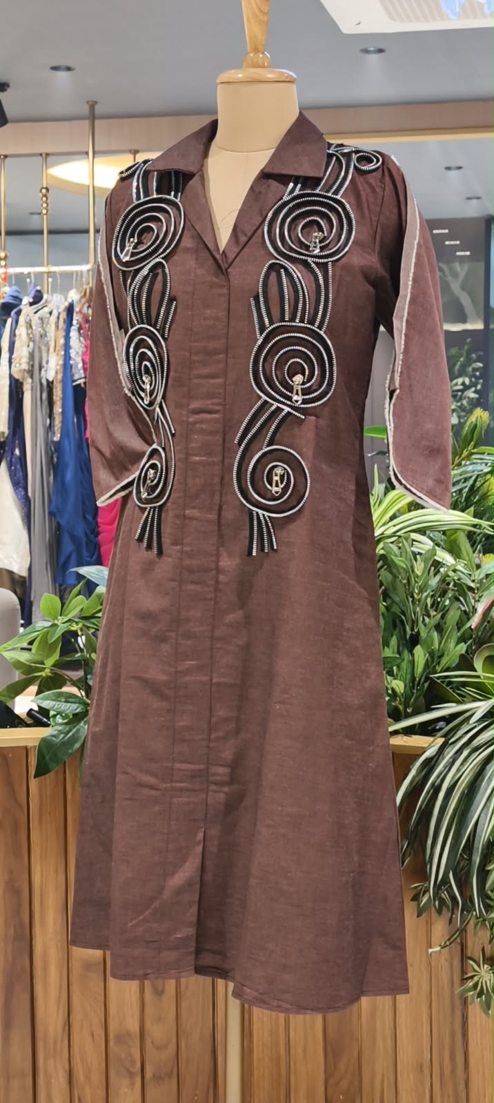 Dark Shade Longline Denim Shirt Dress with Statement Spiral Zipper Embellishments and Metallic Accents- 16112