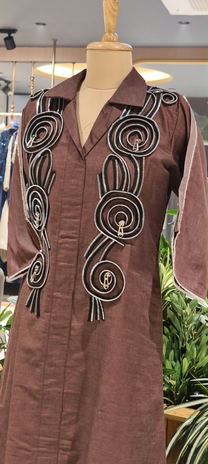 Dark Shade Longline Denim Shirt Dress with Statement Spiral Zipper Embellishments and Metallic Accents- 16112
