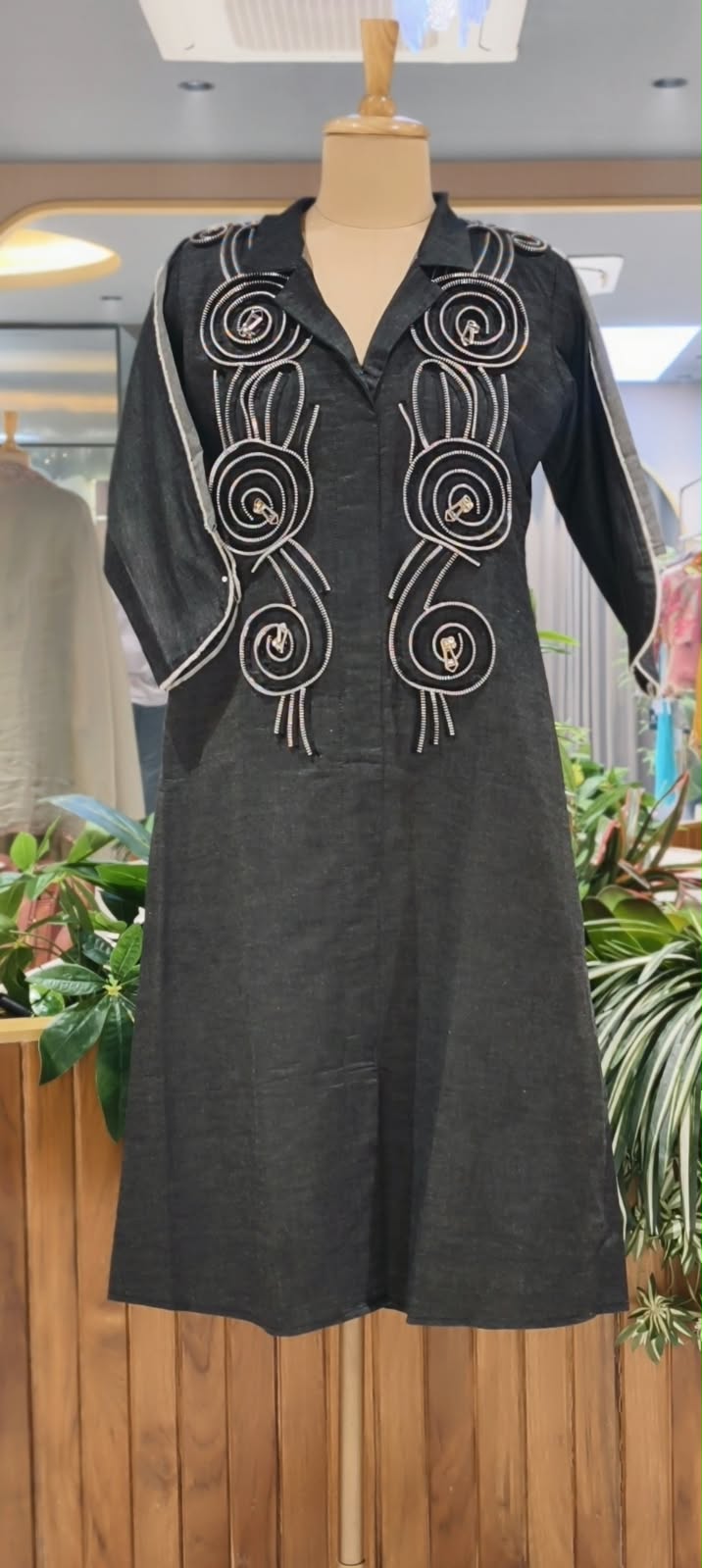 Dark Shade Longline Denim Shirt Dress with Statement Spiral Zipper Embellishments and Metallic Accents- 16112