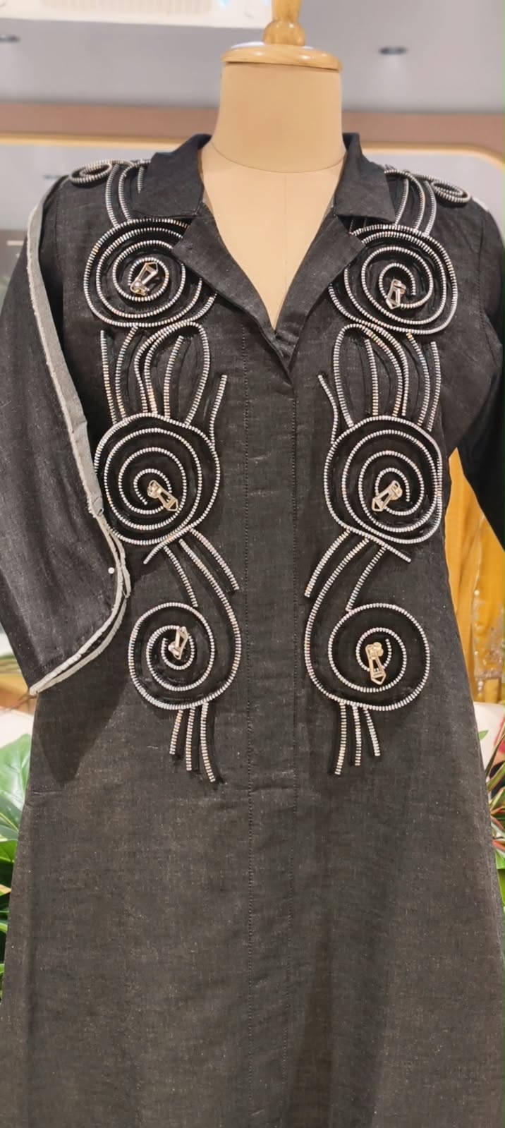 Dark Shade Longline Denim Shirt Dress with Statement Spiral Zipper Embellishments and Metallic Accents- 16112