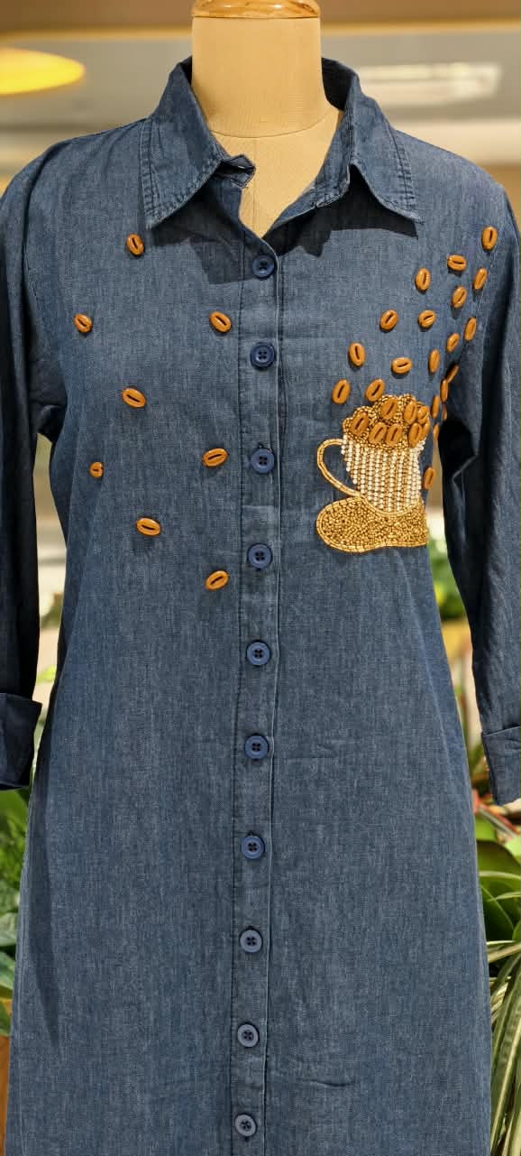 Coffee Bean Shiny Embellishment Work Cute Mofits Denim Ankle Length Frock- 16022