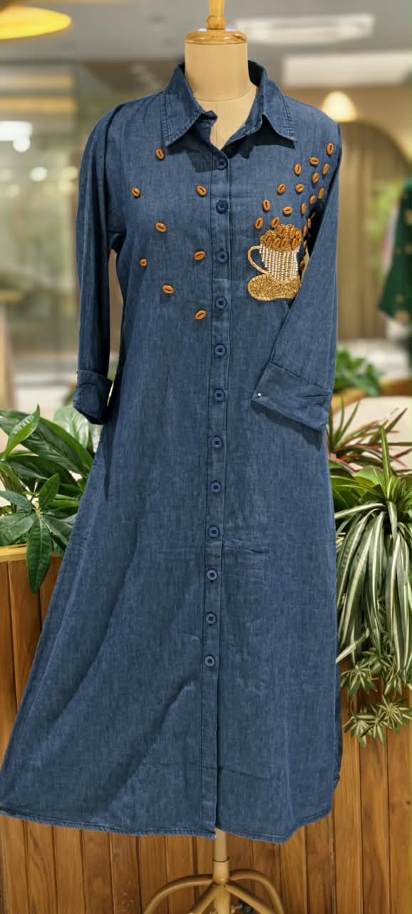 Coffee Bean Shiny Embellishment Work Cute Mofits Denim Ankle Length Frock- 16022