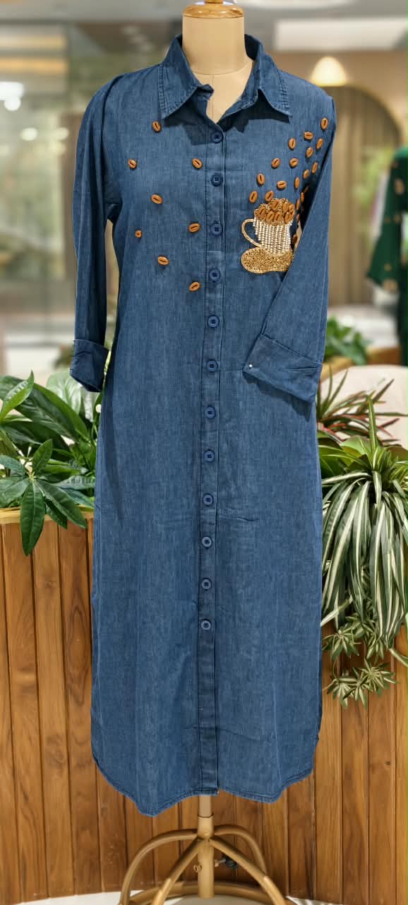 Coffee Bean Shiny Embellishment Work Cute Mofits Denim Ankle Length Frock- 16022