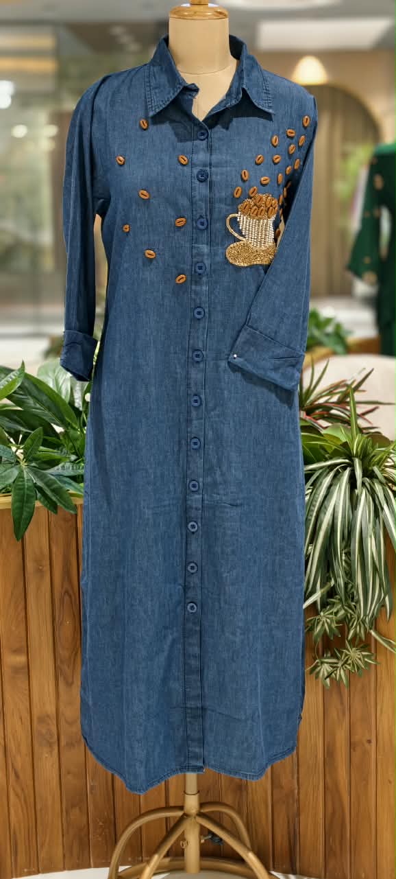 Coffee Bean Shiny Embellishment Work Cute Mofits Denim Ankle Length Frock- 16022