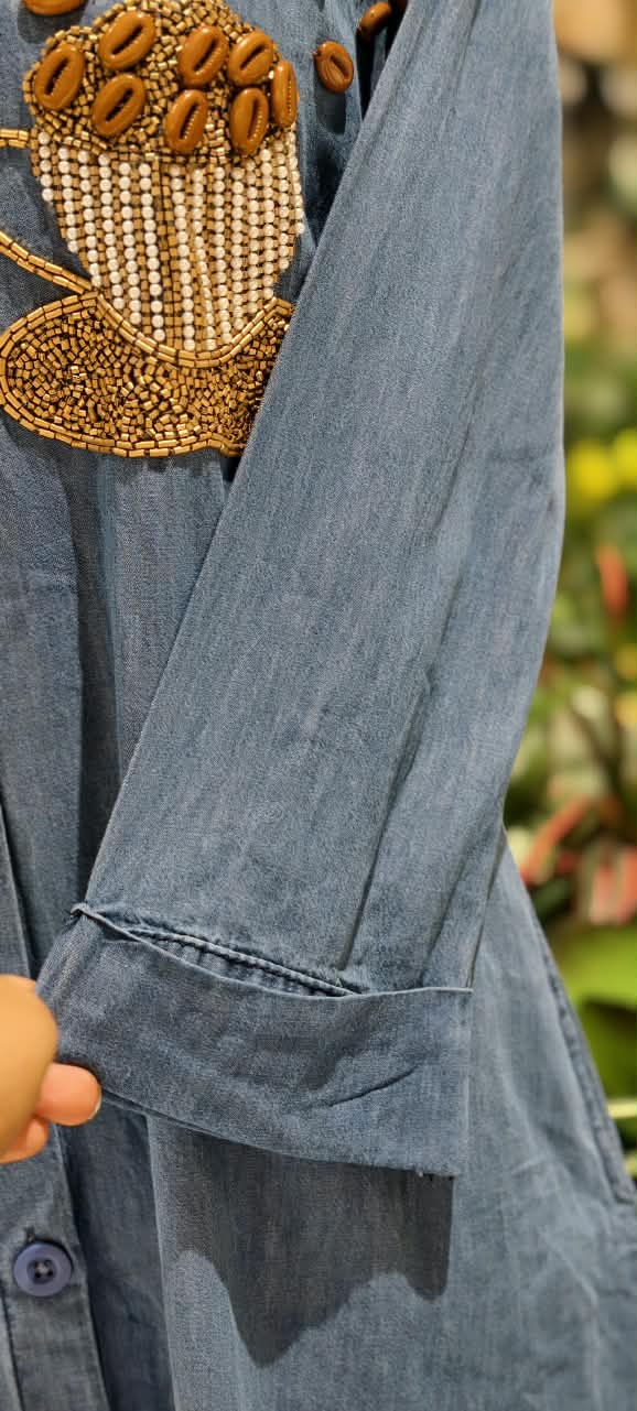 Coffee Bean Shiny Embellishment Work Cute Mofits Denim Ankle Length Frock- 16022