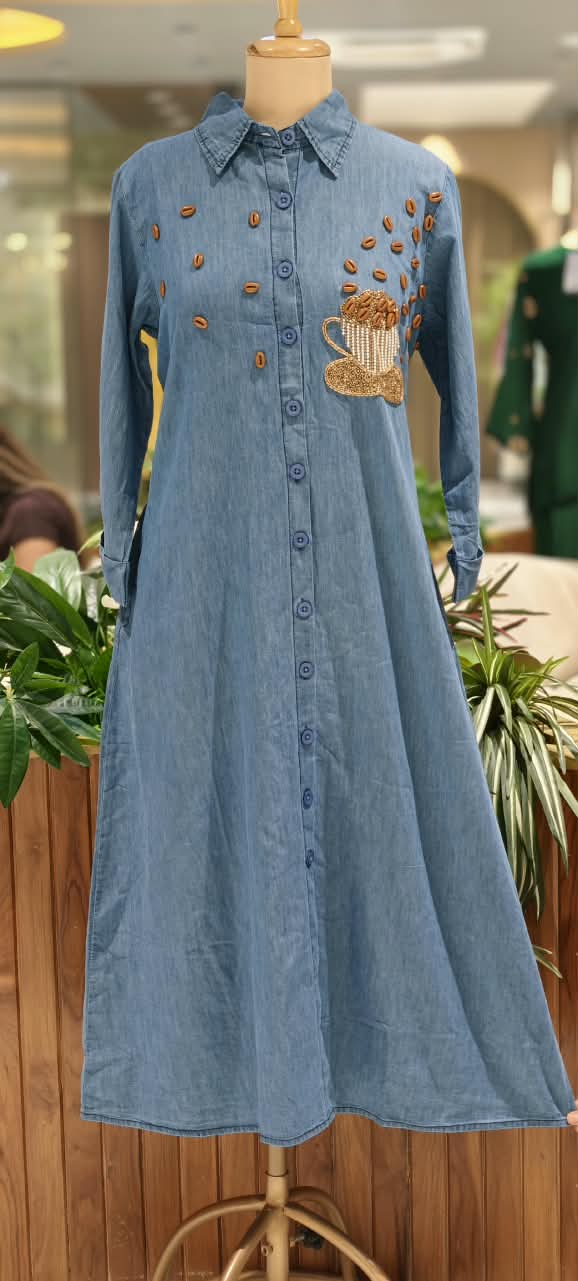 Coffee Bean Shiny Embellishment Work Cute Mofits Denim Ankle Length Frock- 16022