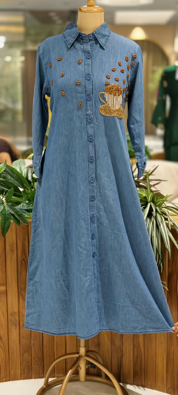 Coffee Bean Shiny Embellishment Work Cute Mofits Denim Ankle Length Frock- 16022