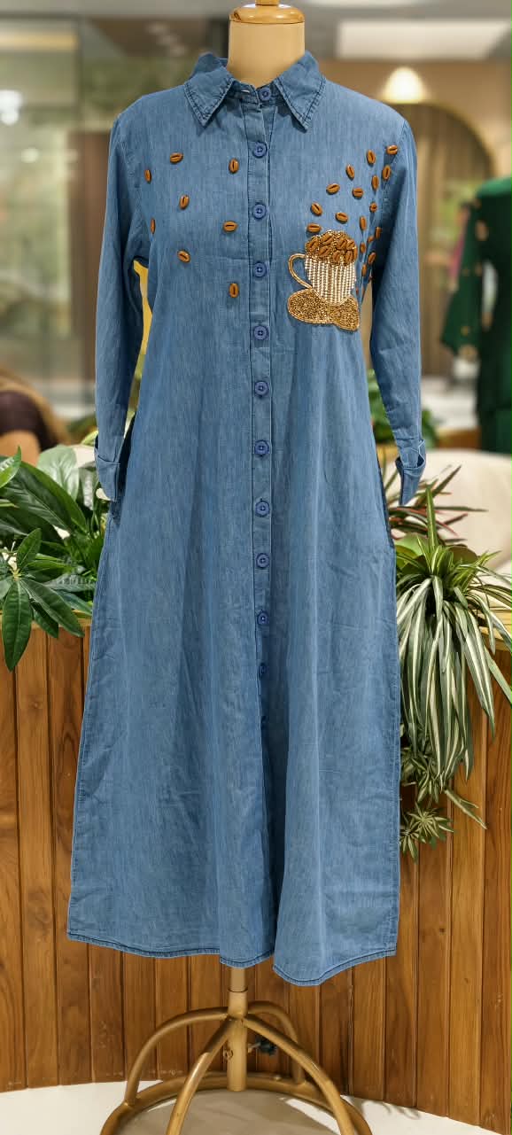 Coffee Bean Shiny Embellishment Work Cute Mofits Denim Ankle Length Frock- 16022