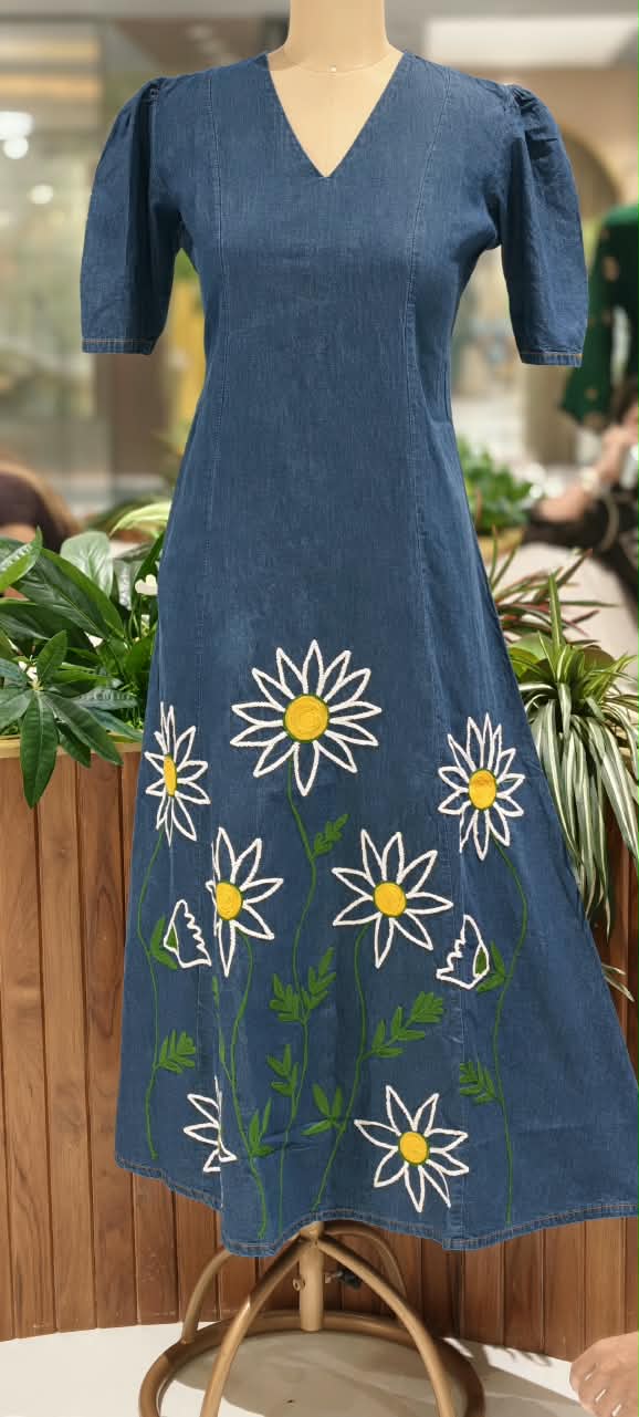 Giant Graceful Mustard Floral Embroidered Denim Frock With Puff Sleeve- 16021