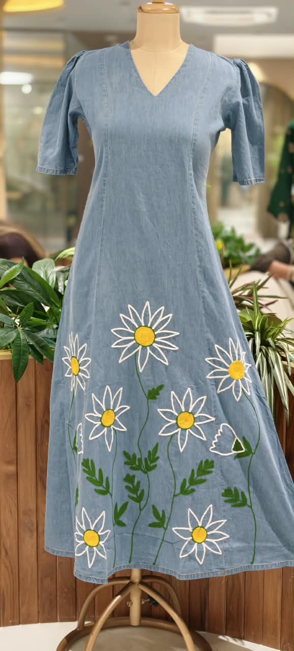 Giant Graceful Mustard Floral Embroidered Denim Frock With Puff Sleeve- 16021
