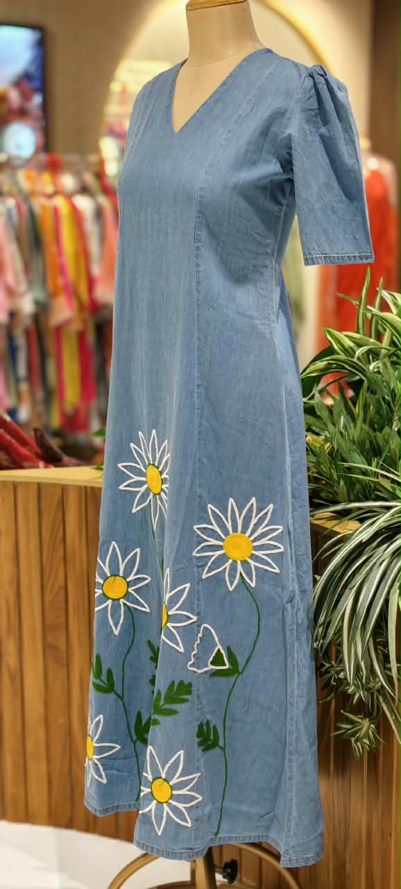 Giant Graceful Mustard Floral Embroidered Denim Frock With Puff Sleeve- 16021