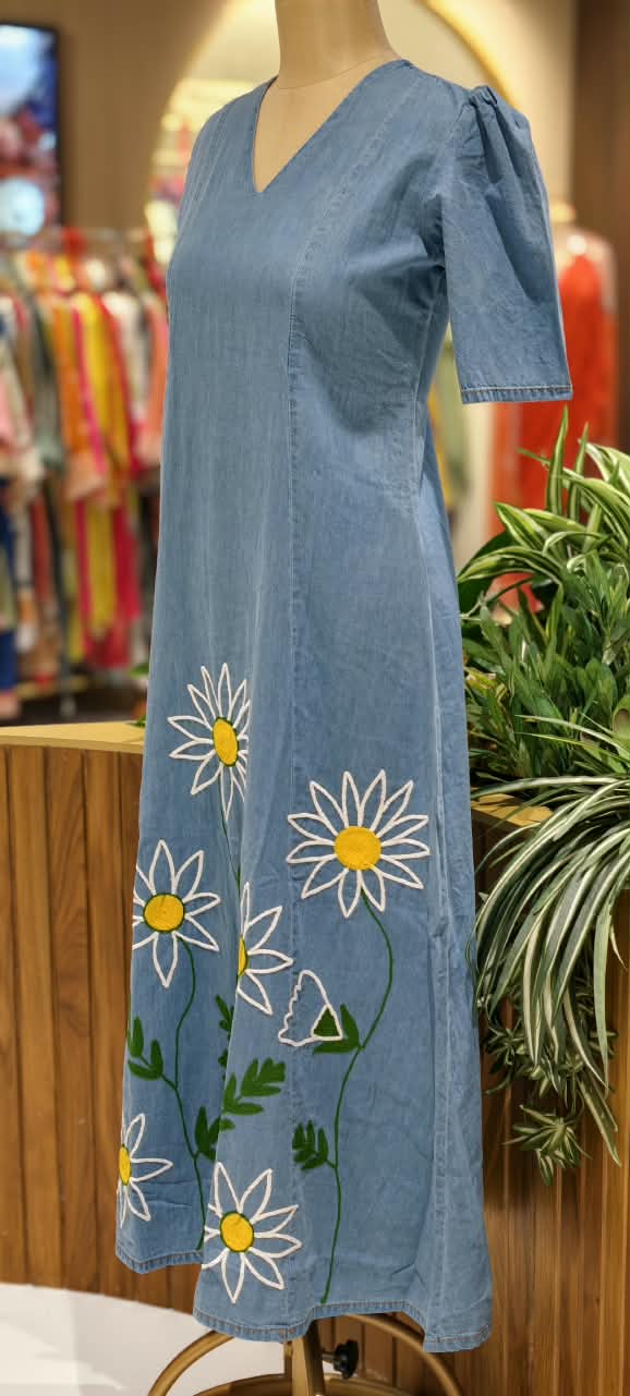 Giant Graceful Mustard Floral Embroidered Denim Frock With Puff Sleeve- 16021
