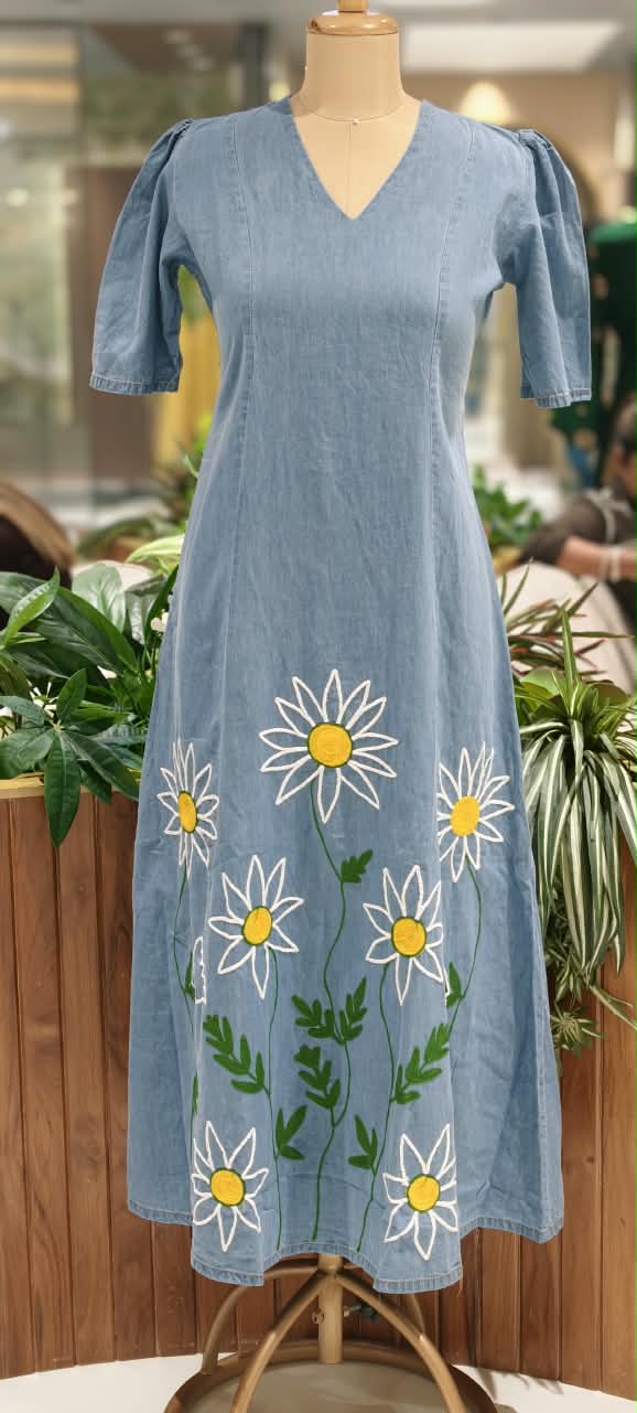 Giant Graceful Mustard Floral Embroidered Denim Frock With Puff Sleeve- 16021