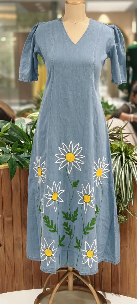 Giant Graceful Mustard Floral Embroidered Denim Frock With Puff Sleeve- 16021