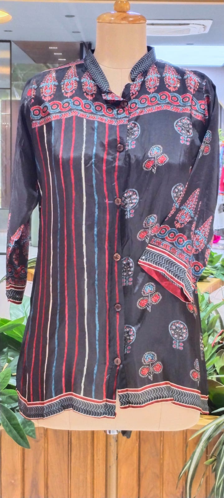 Multicolor Floral Block Prints lack Base Crepe Shirt- 14001