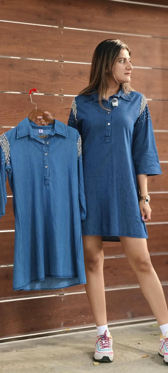 Reinstone Sparkling Elegance Denim One-Piece Western Shirt Dress- 15640(Lean Fit)