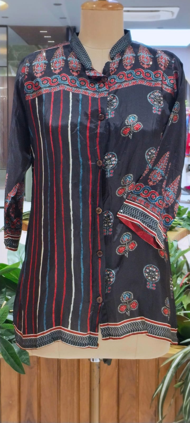 Multicolor Floral Block Prints lack Base Crepe Shirt- 14001