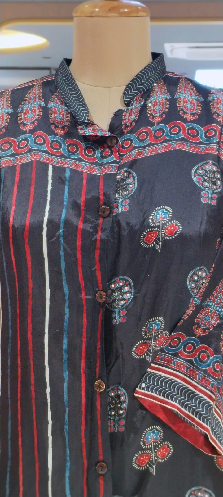 Multicolor Floral Block Prints lack Base Crepe Shirt- 14001