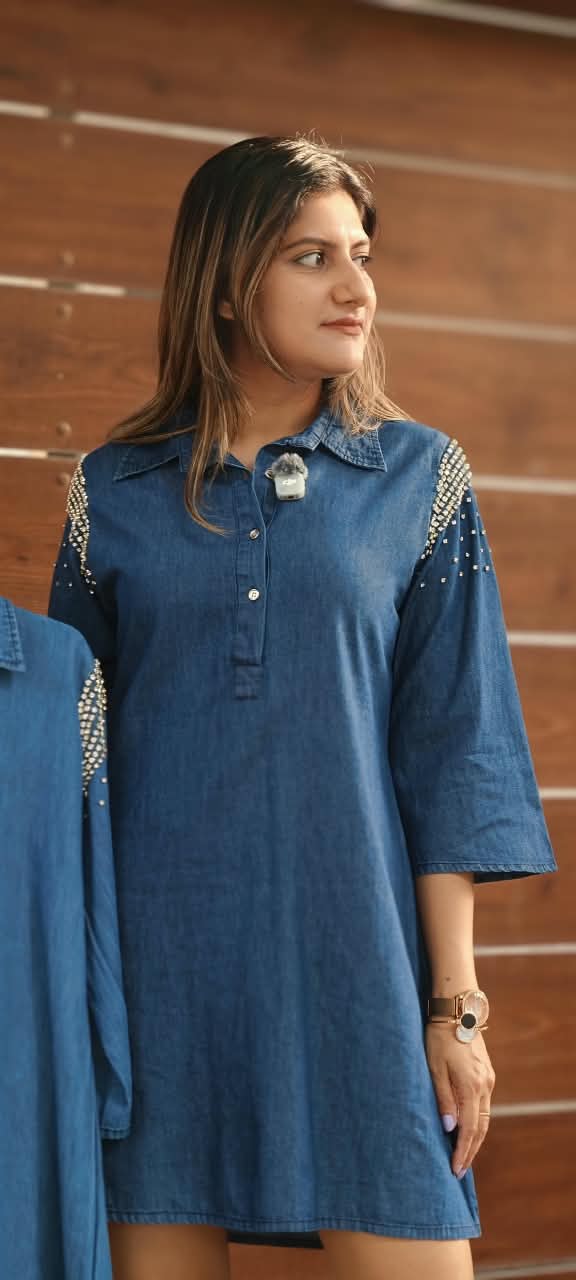Reinstone Sparkling Elegance Denim One-Piece Western Shirt Dress- 15640(Lean Fit)