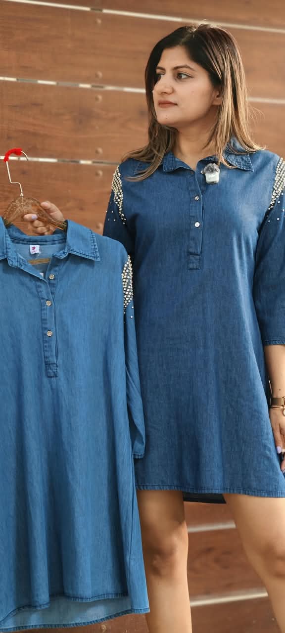 Reinstone Sparkling Elegance Denim One-Piece Western Shirt Dress- 15640(Lean Fit)