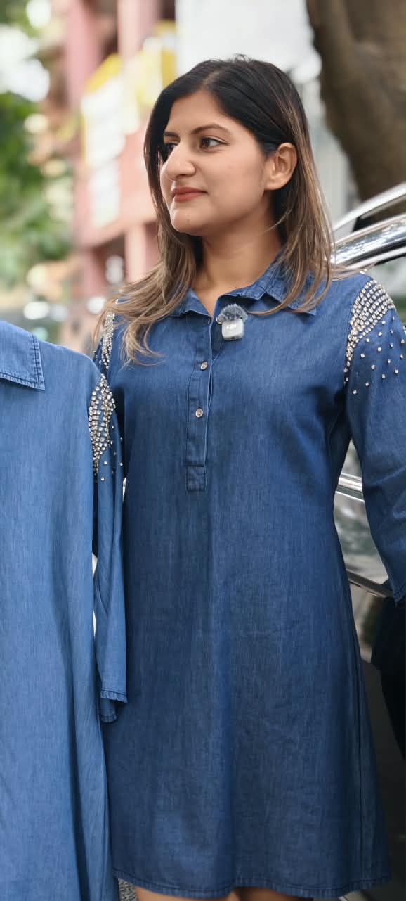 Reinstone Sparkling Elegance Denim One-Piece Western Shirt Dress- 15640(Lean Fit)