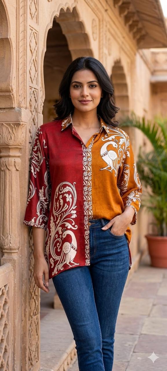 Artisnal Figure & Floral Prints Flowy Crepe Casual Shirts- 15789