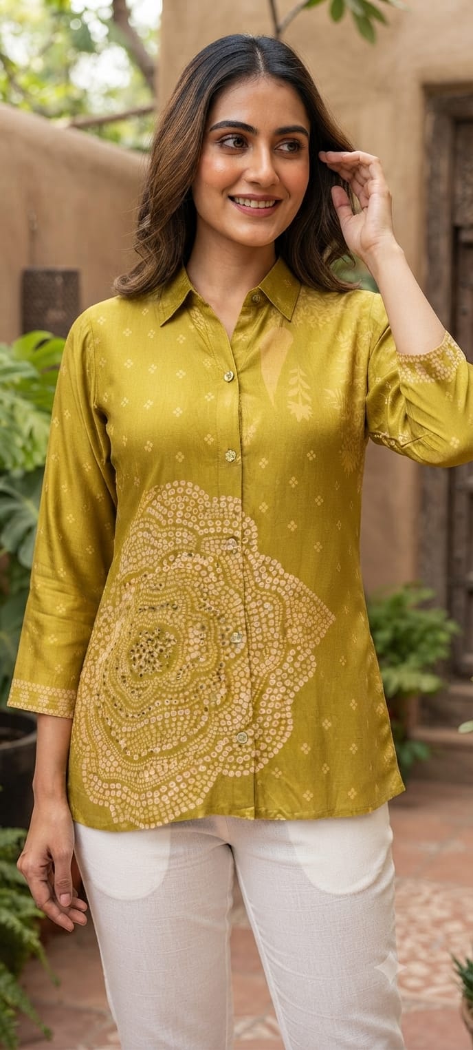 Spiral Bandhej & Abstract Linear Prints Flowy Crepe Casual Shirts- 15929
