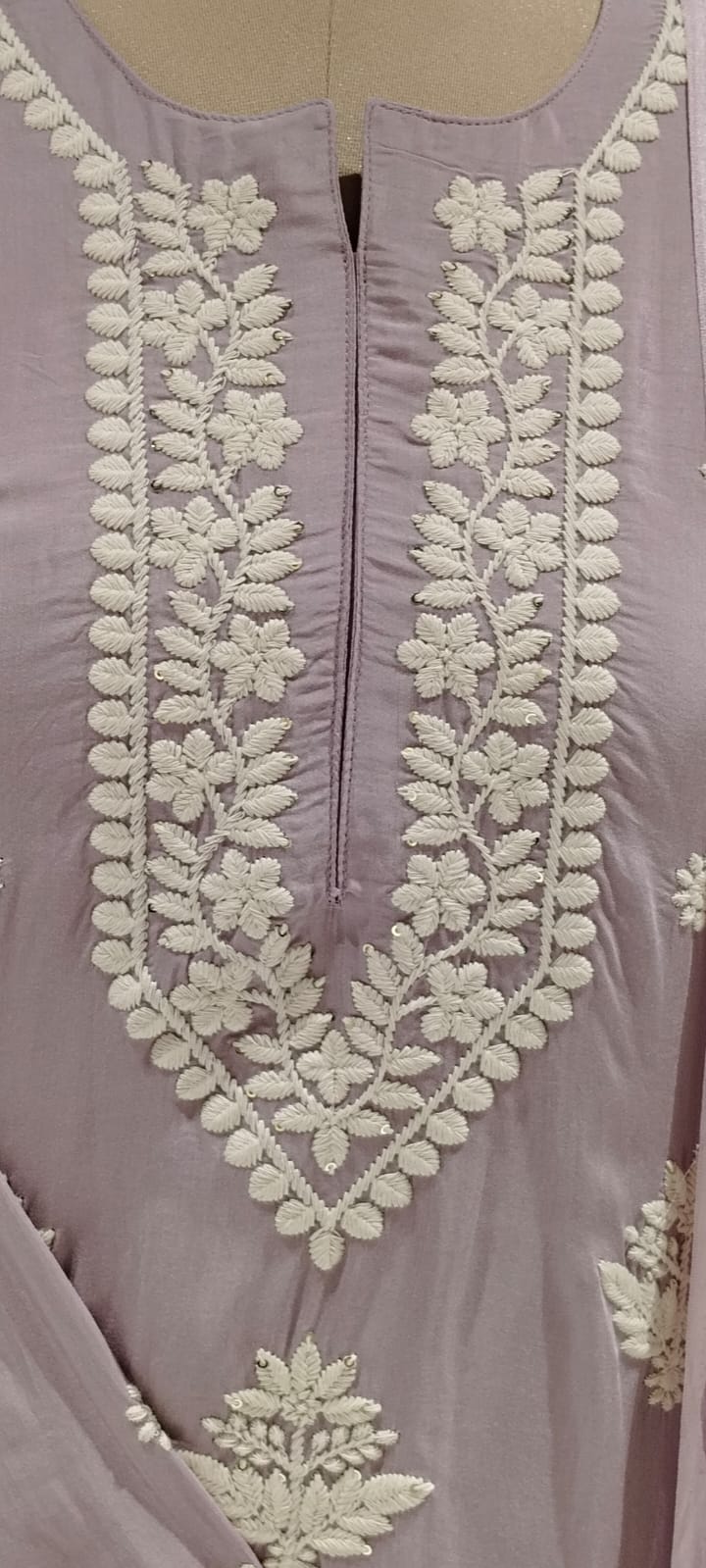 Chikankari Thread Embroidered Pastel Shades Full Suit Set With Dupatta In Muslin Fabric- 16091