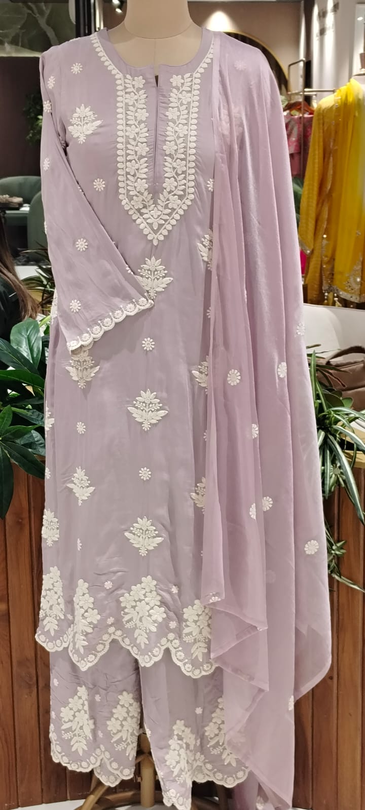 Chikankari Thread Embroidered Pastel Shades Full Suit Set With Dupatta In Muslin Fabric- 16091