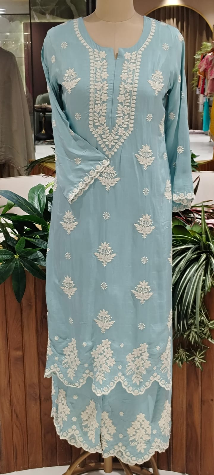 Chikankari Thread Embroidered Pastel Shades Full Suit Set With Dupatta In Muslin Fabric- 16091
