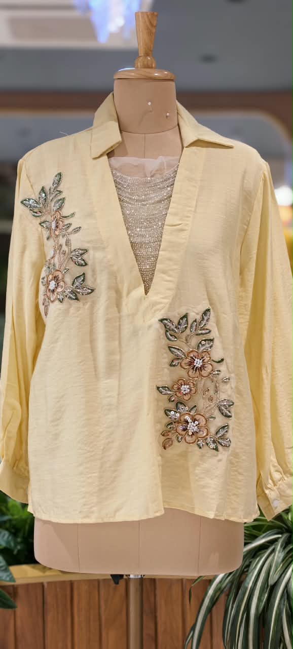 Elegant Floral Embroidery Patched Shimmer Jewel Imported Western Only Top- 16164